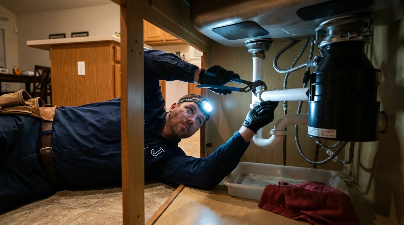 P-trap and supply line connections under a kitchen sink showing a common leak point in Rolla, MO